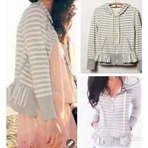 Anthropologie Gray & White Striped Cotton Blend Zip Up Hoodie Women's Small
